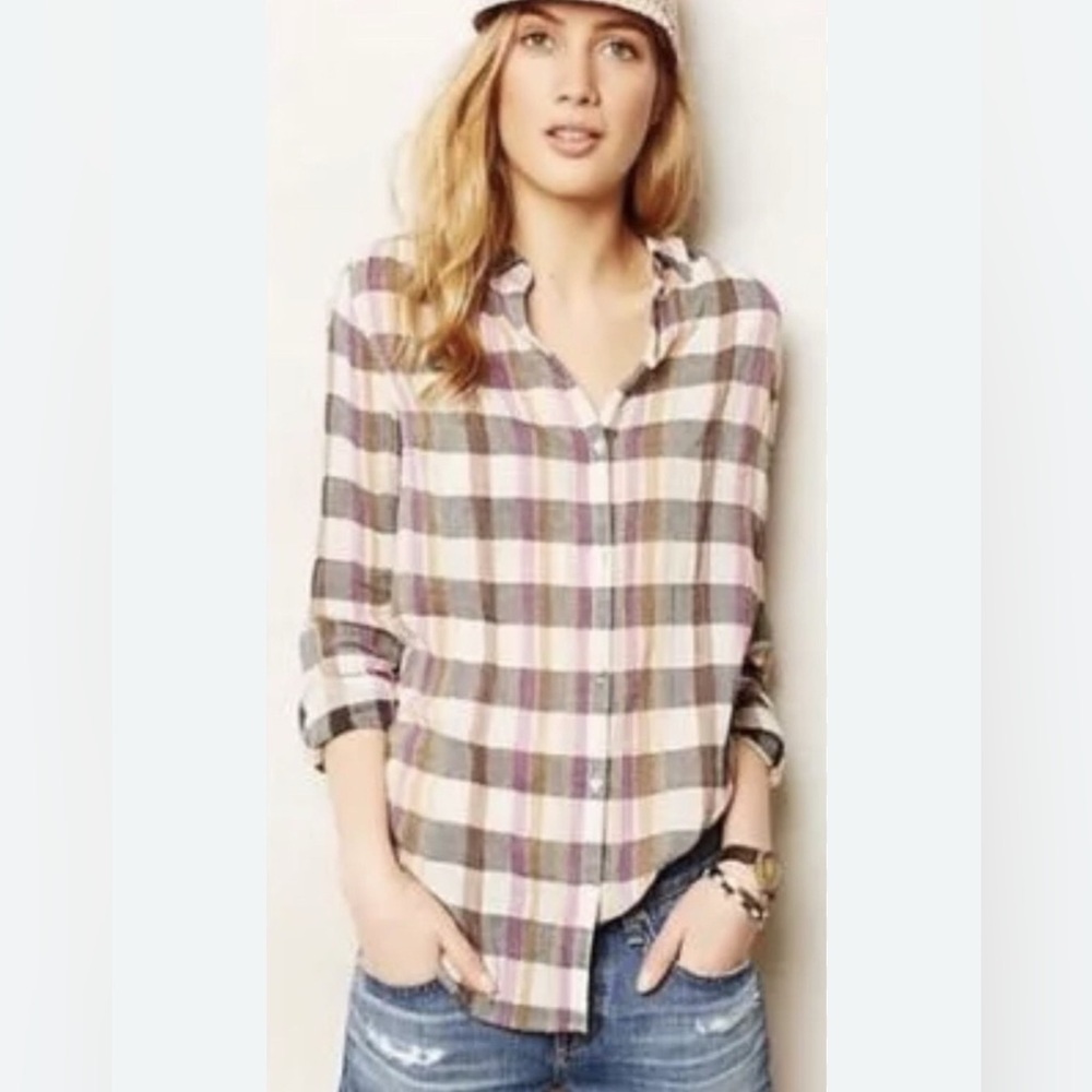 Anthropologie Isabella SInclair Long Sleeved Plaid shirt w/Crochet detail sz xs